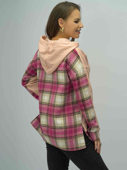 Plaid Drawstring Drop Shoulder Slit Hoodie