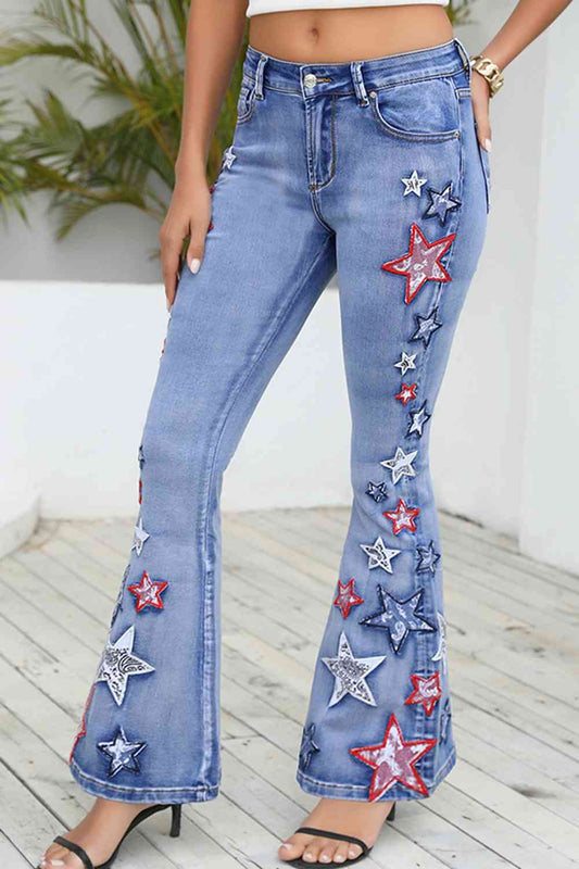 Medium Blue Full Size Star Applique Wide Leg Jeans