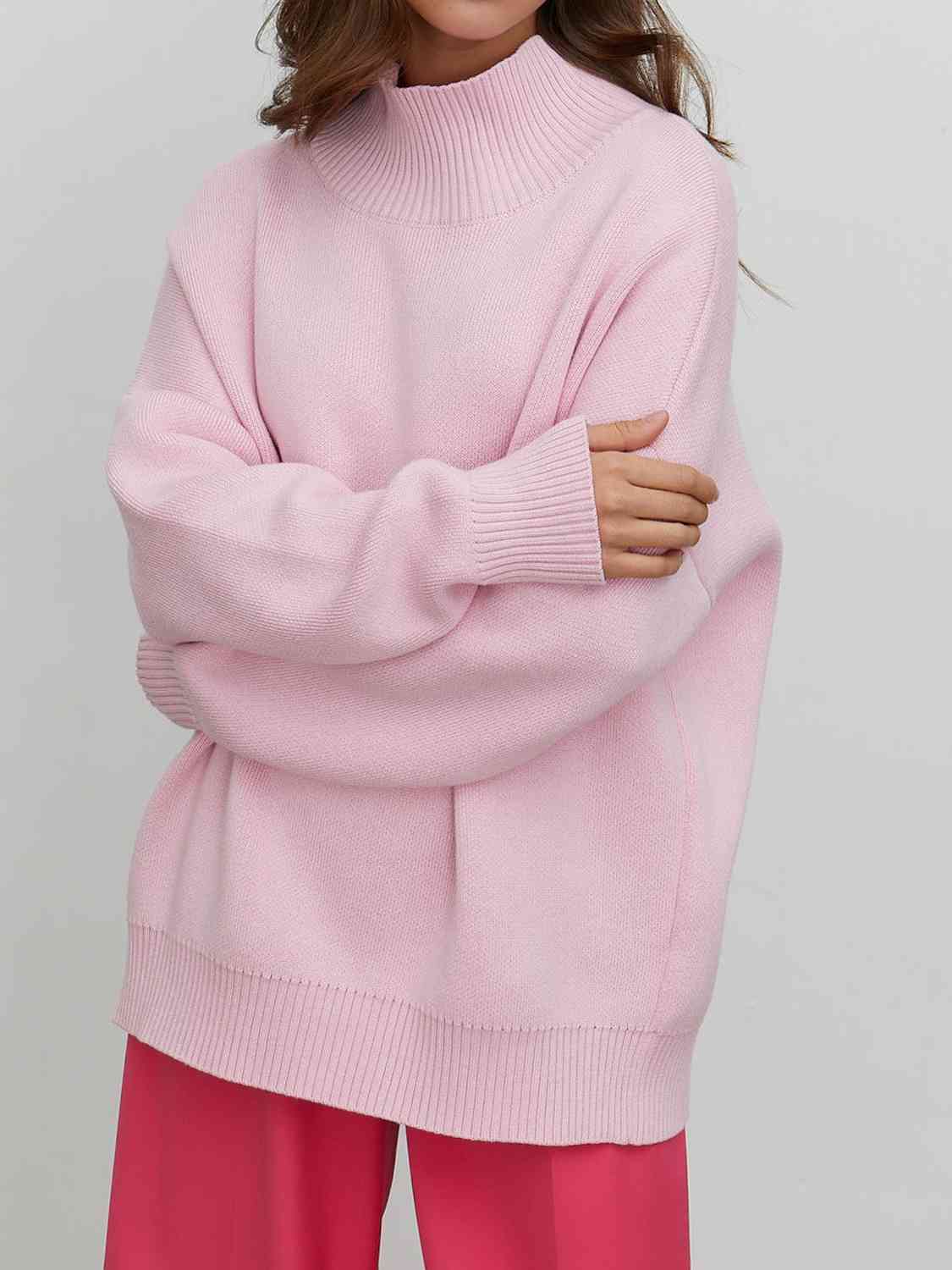 One Size Mock Neck Dropped Shoulder Sweater