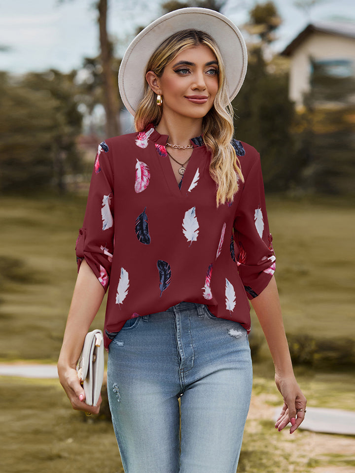 Full Size Printed Roll-Tab Sleeve Notched Neck Blouse