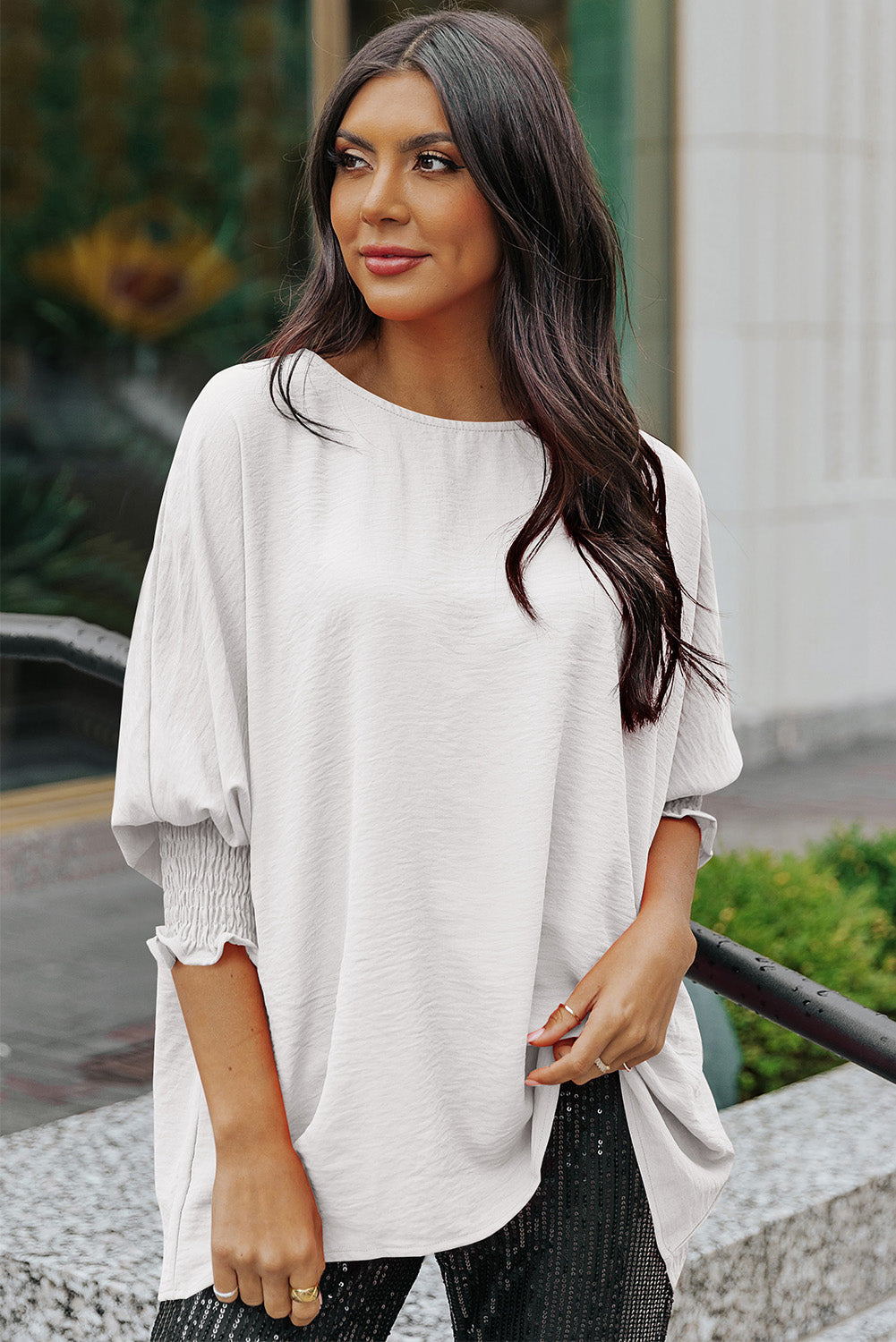 Full Size Round Neck Dolman Sleeve Textured Blouse