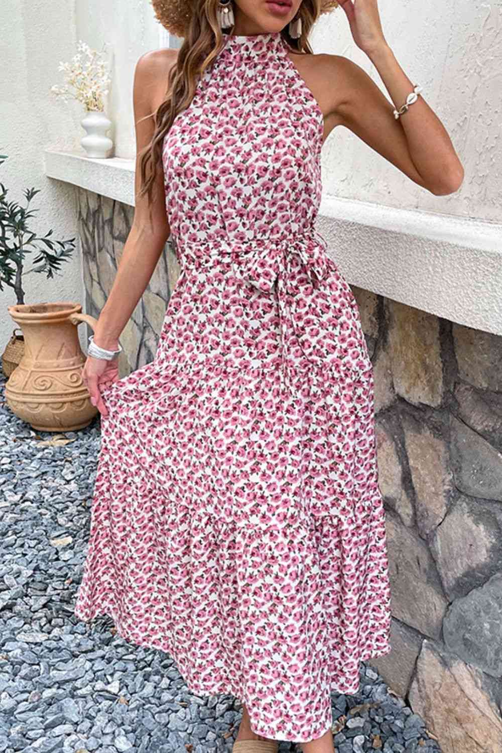 Pink Floral Tie-Waist Tiered Dress