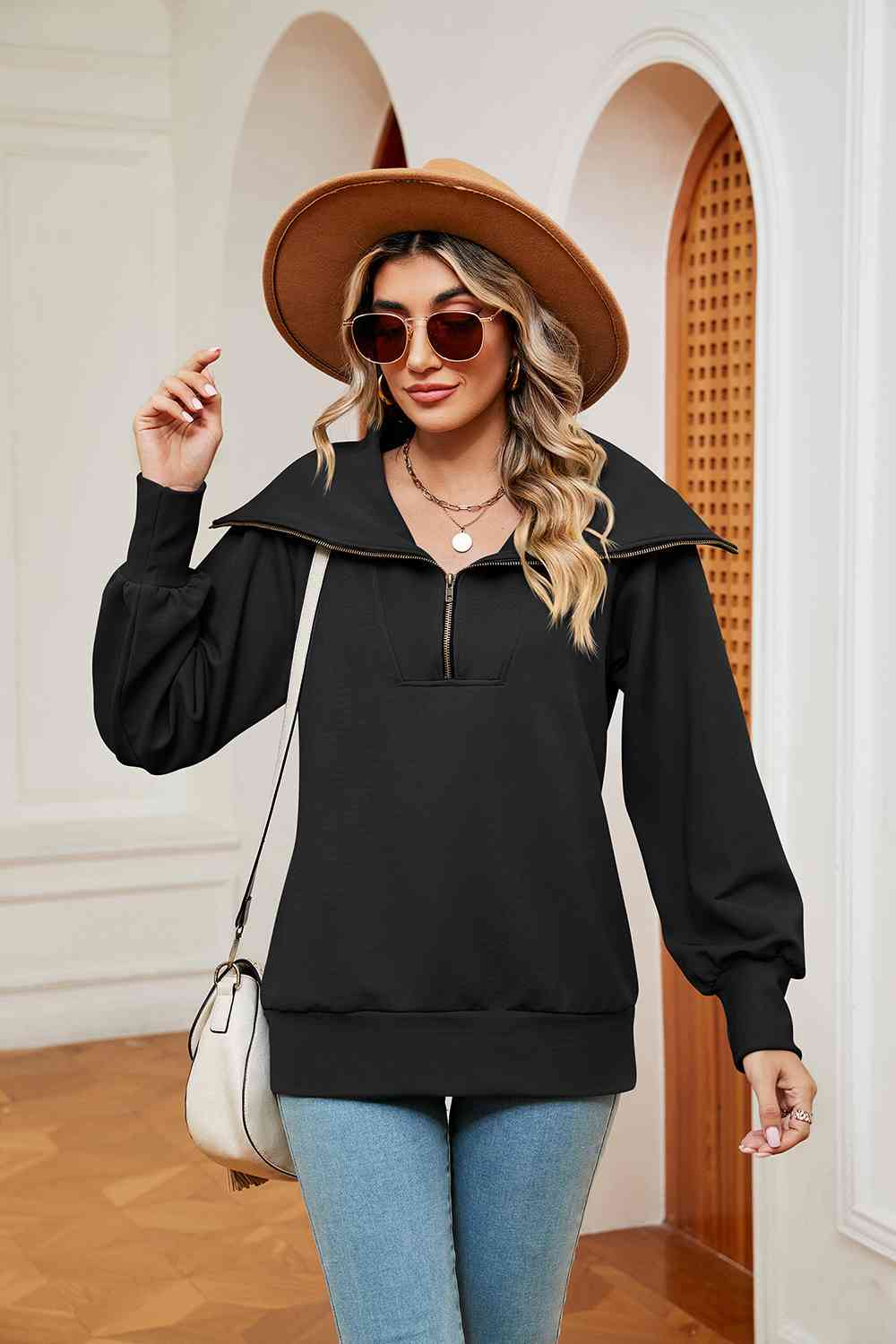 Full Size Half-Zip Collared Sweatshirt