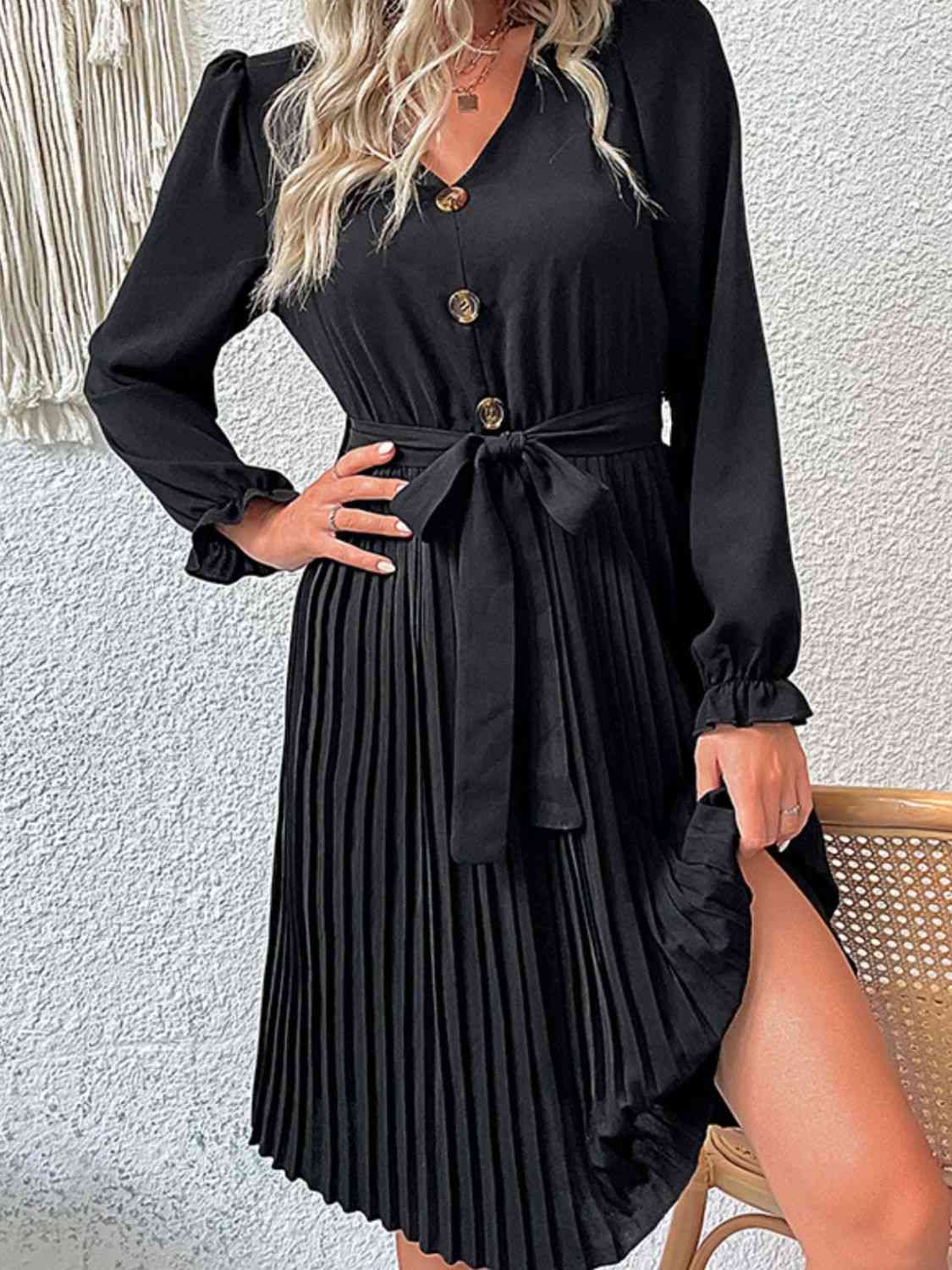 Decorative Button Belted Puff Sleeve Pleated Black Dress