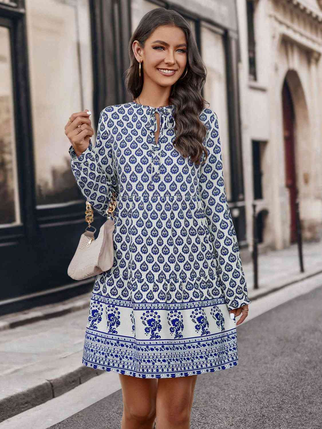 Printed Tie Neck Long Sleeve Dress