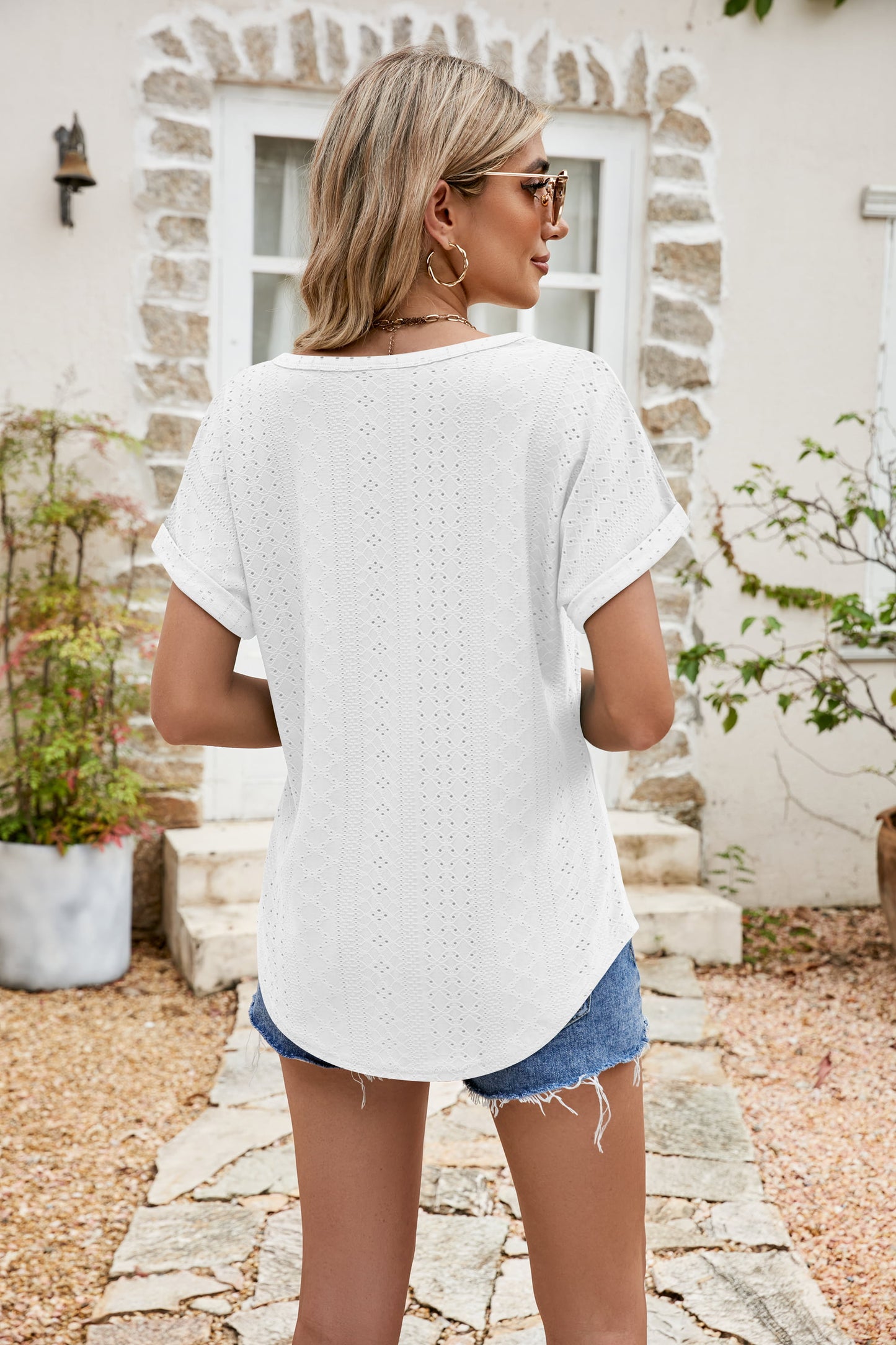 Malibu Dreams Full Size Round Neck Eyelet Short Sleeve Top