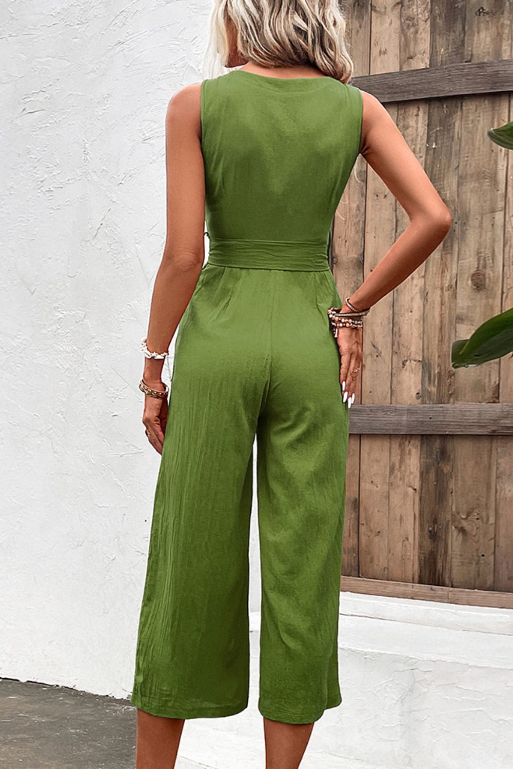 Full Size Tie Belt Sleeveless Jumpsuit with Pockets