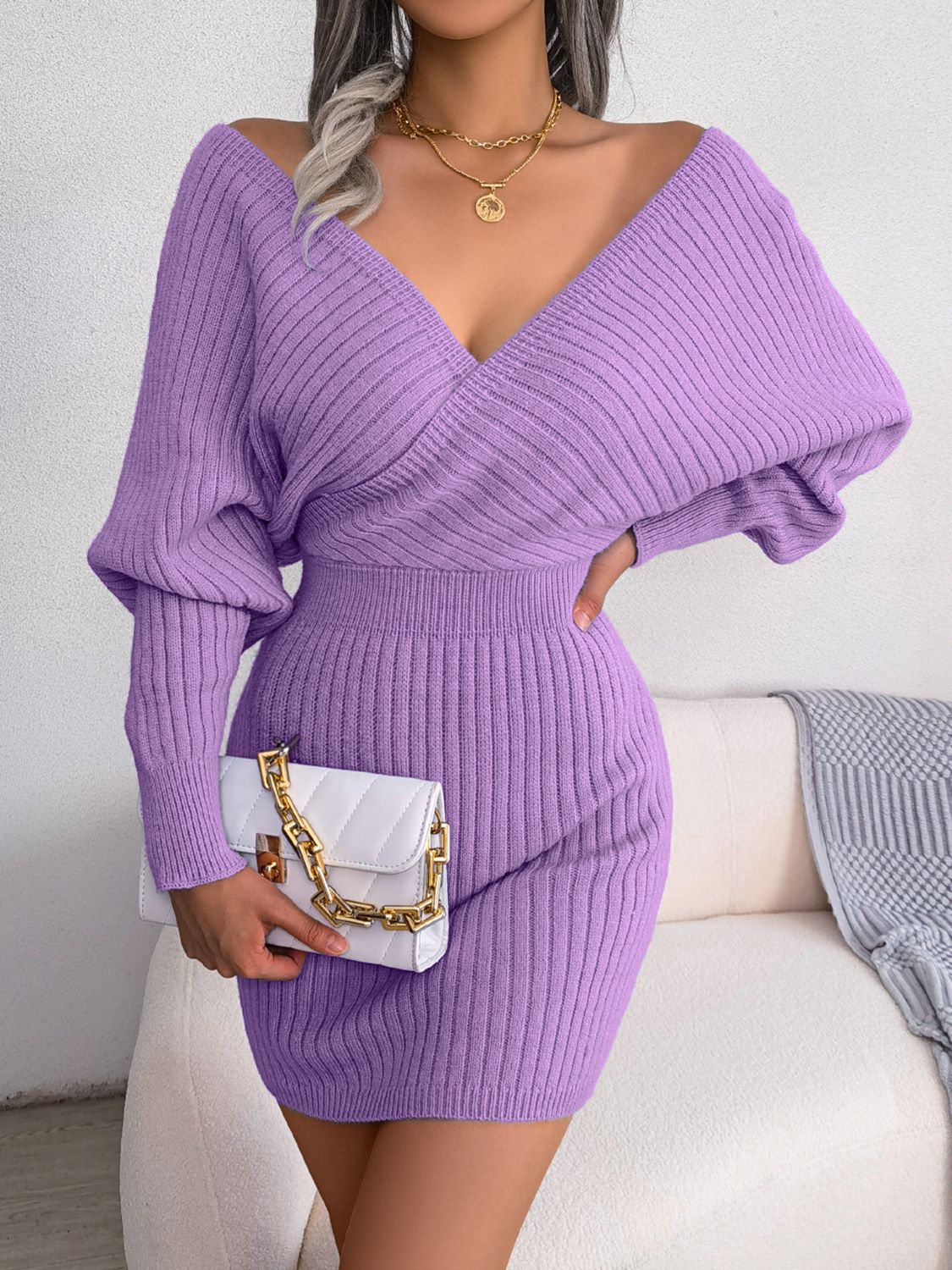 Delilah Rib-Knit Dolman Sleeve Sweater Dress