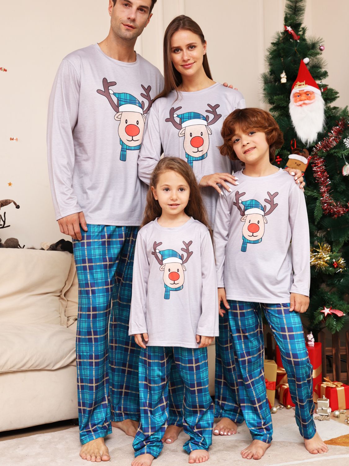 UNISEX ADULT PJ Full Size Christmas Rudolph Graphic Long Sleeve Top and Plaid Pants Set