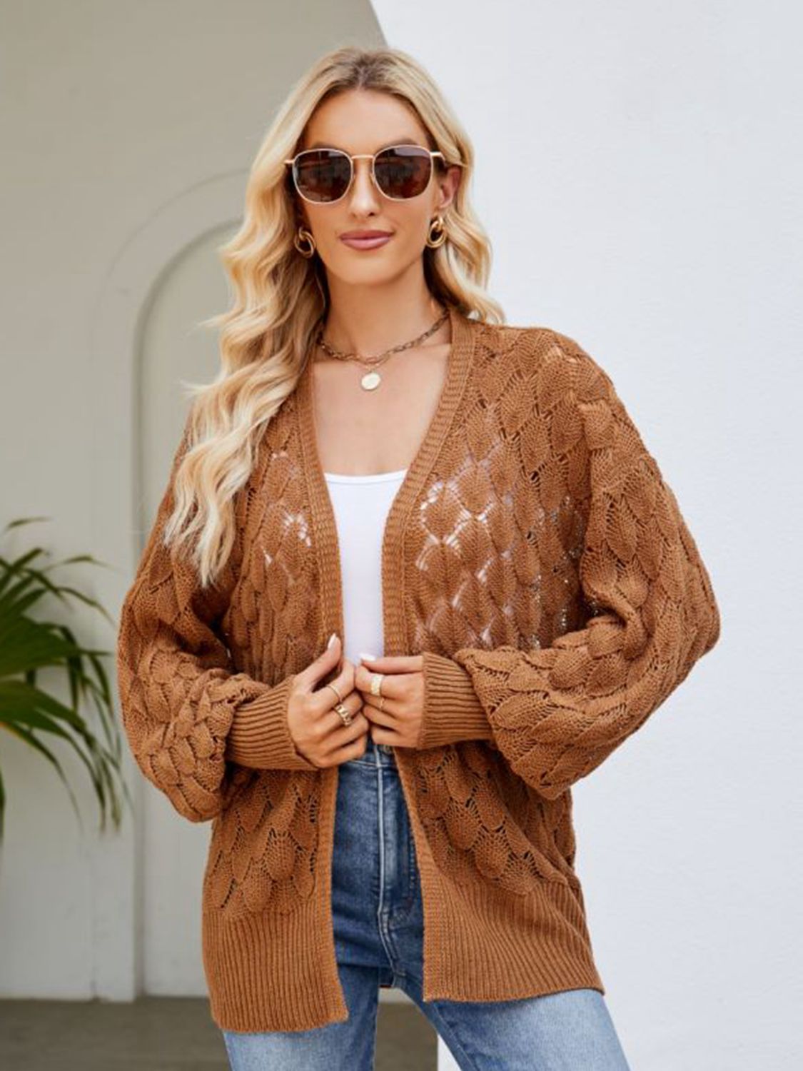 SkyMarie Open Front Ribbed Trim Cardigan