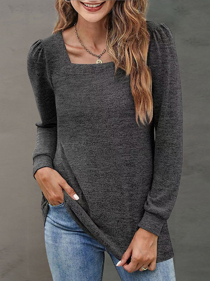 Full Size Heathered Square Neck Long Sleeve T-Shirt