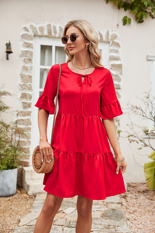 SO YOU Full Size Ruffle Trim Tie Neck Flounce Sleeve Tiered Dress