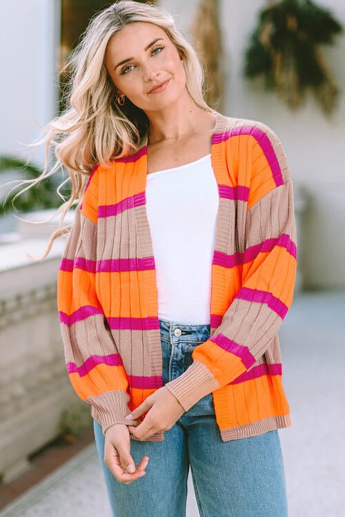 Charming Trends Ribbed Striped Open Front Long Sleeve Cardigan