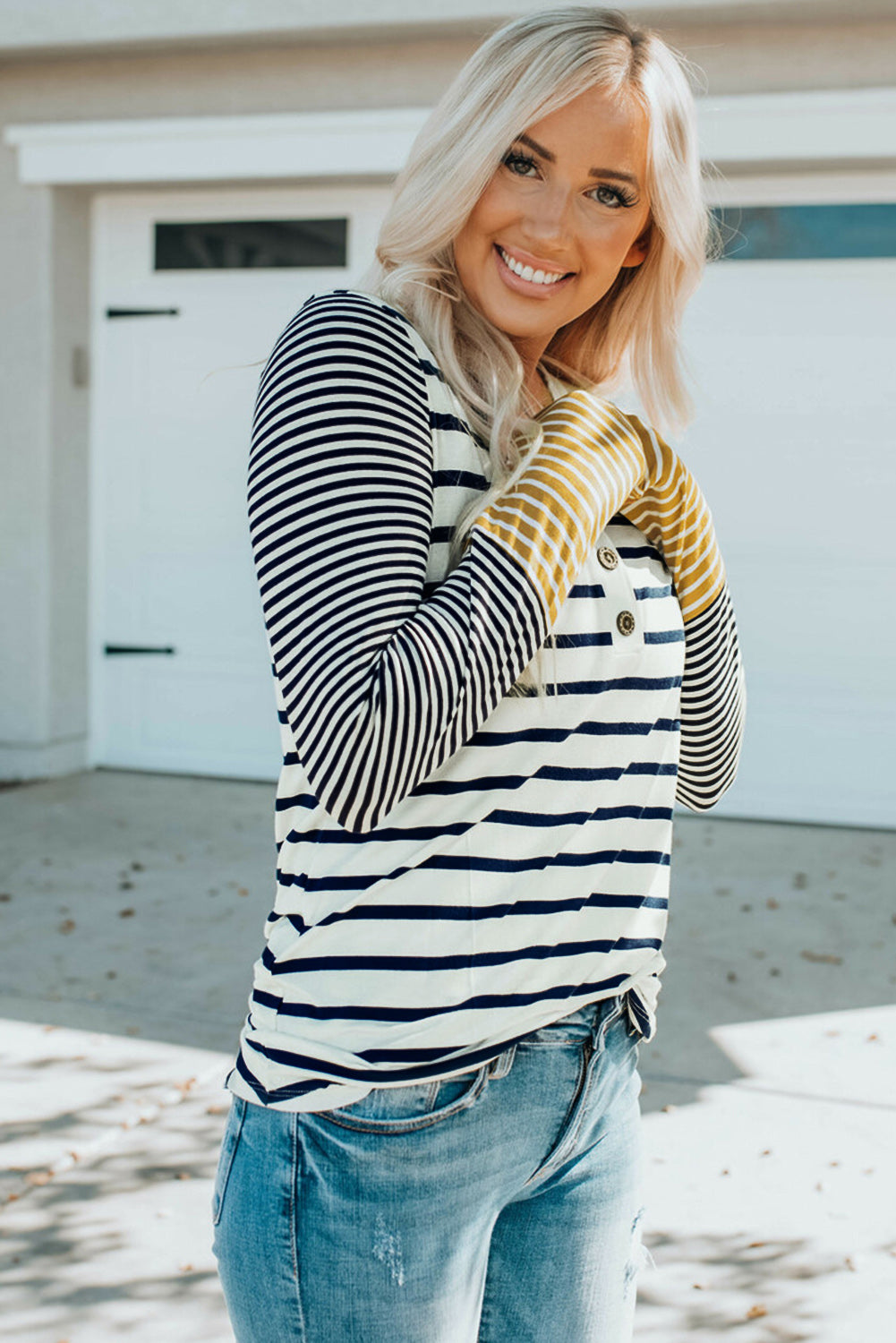 HAYSEA Striped Buttoned Long Sleeve Top