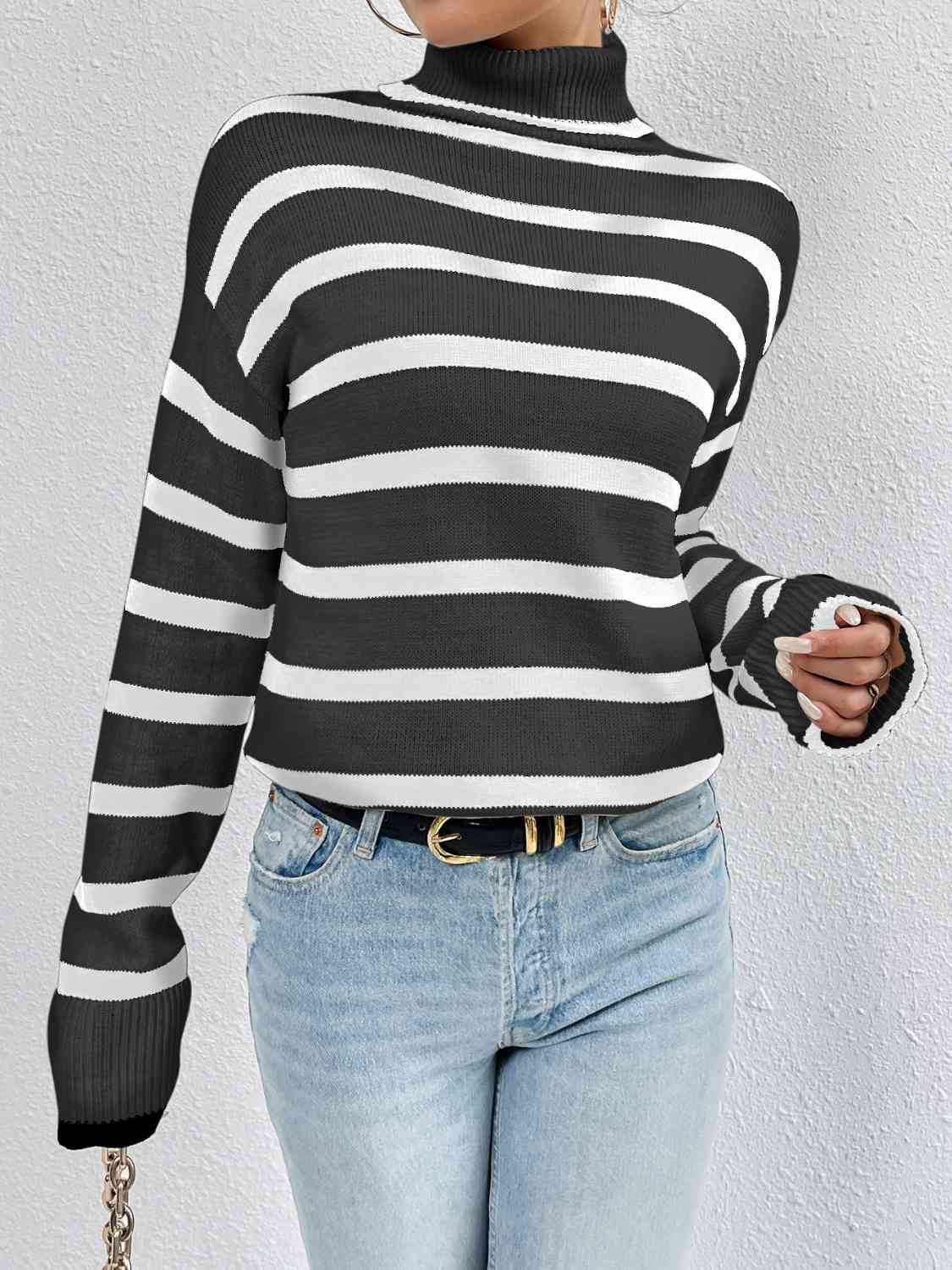 KnittedEmporium Full Size Striped Turtleneck Drop Shoulder Sweater