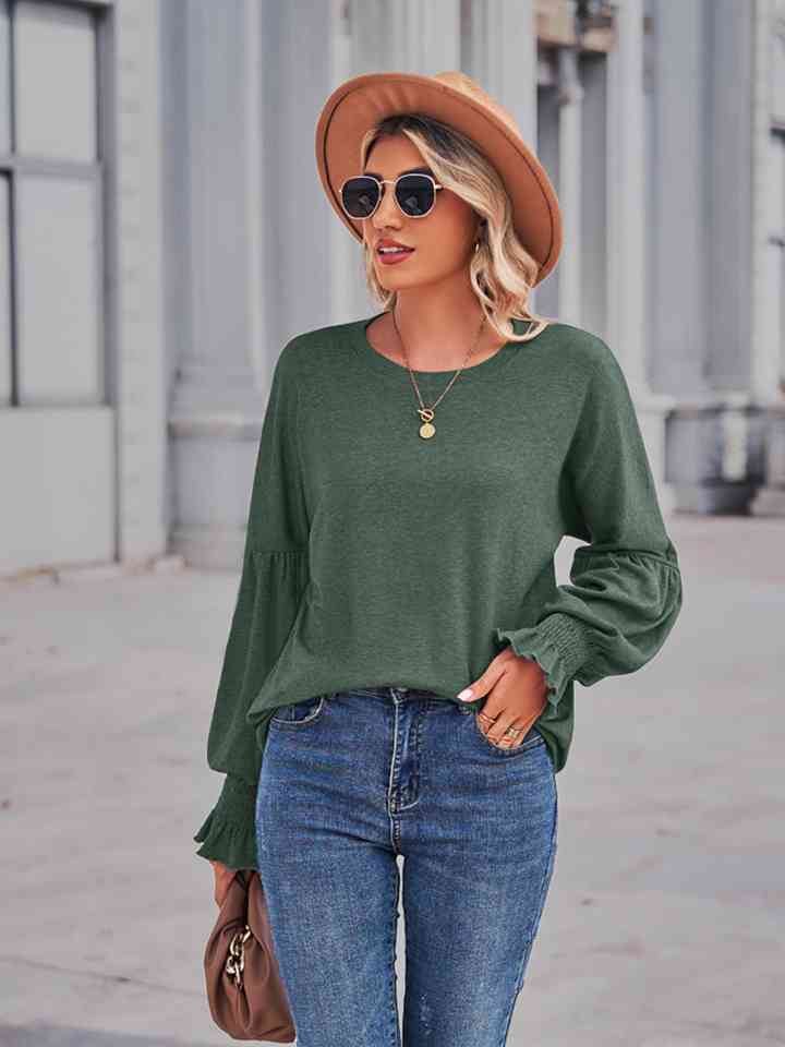 Full Size Round Neck Flounce Sleeve Blouse