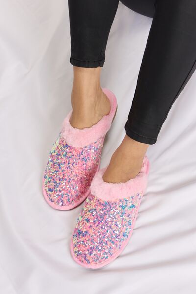 Forever Link Pink Sequin Plush Round Toe Slippers