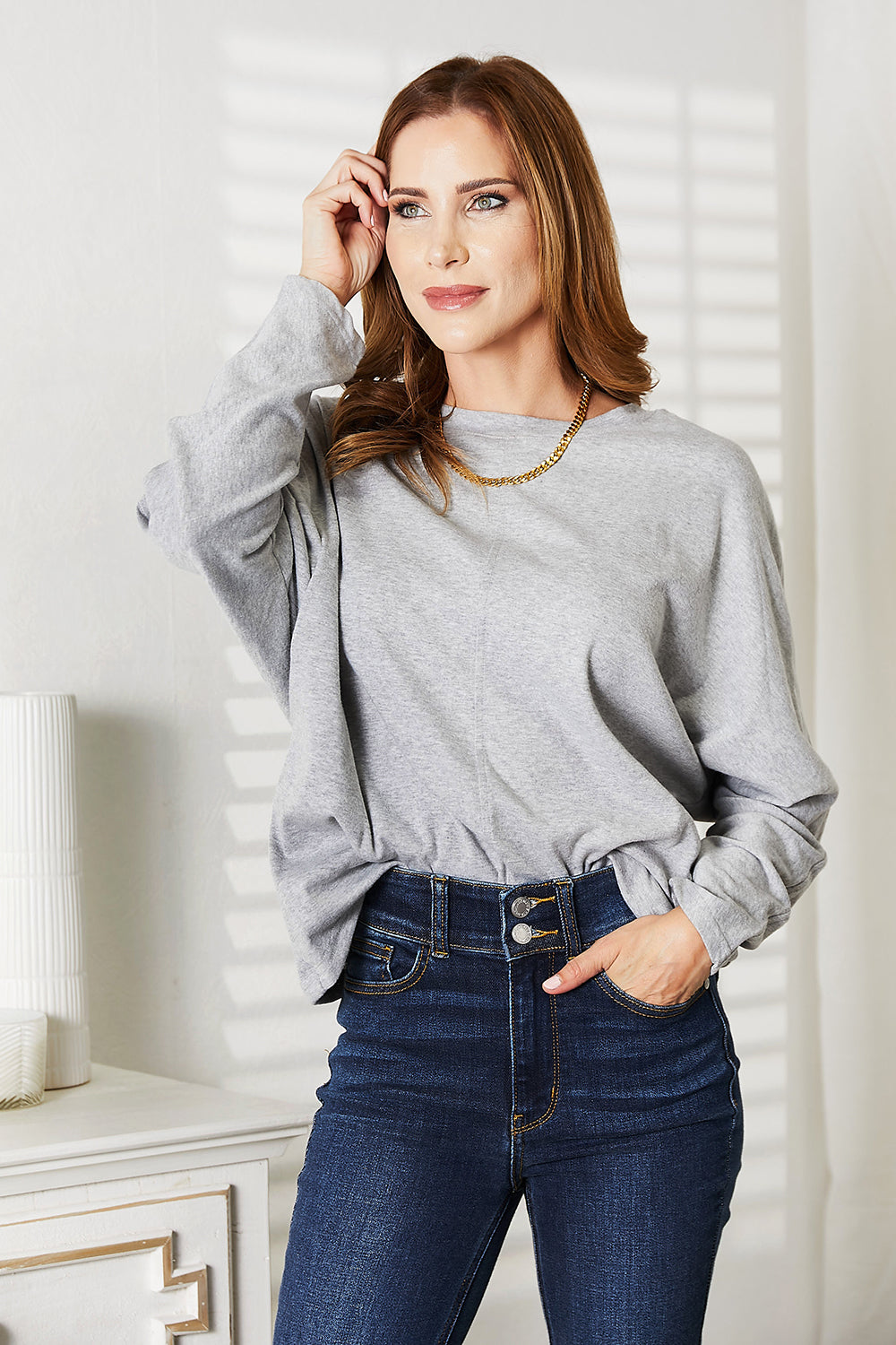 Double Take Light Gray Full Size Seam Detail Round Neck Long Sleeve Top