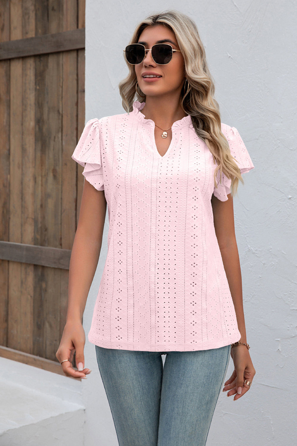 Full Size Eyelet Notched Neck Flutter Sleeve Top