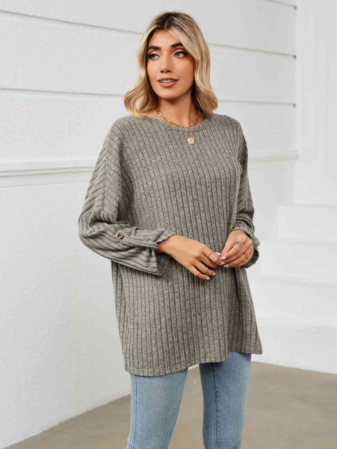 Full Size Round Neck Ribbed Long Sleeve T-Shirt