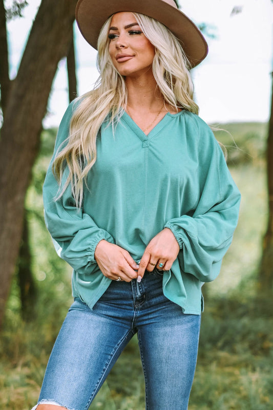 Women's Full Size Notched Neck Balloon Sleeve Blouse