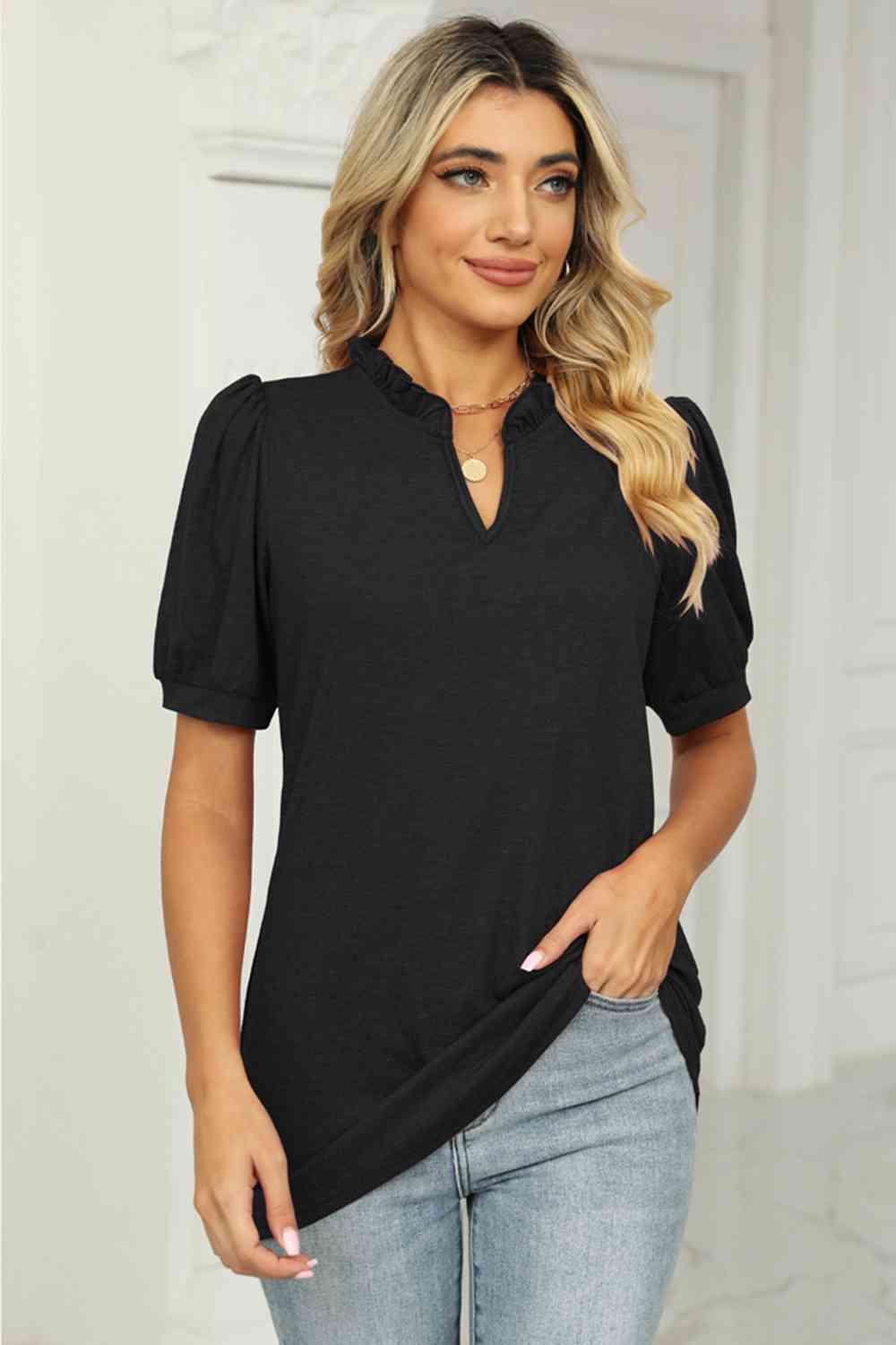 Full Size Notched Neck Puff Sleeve T-Shirt