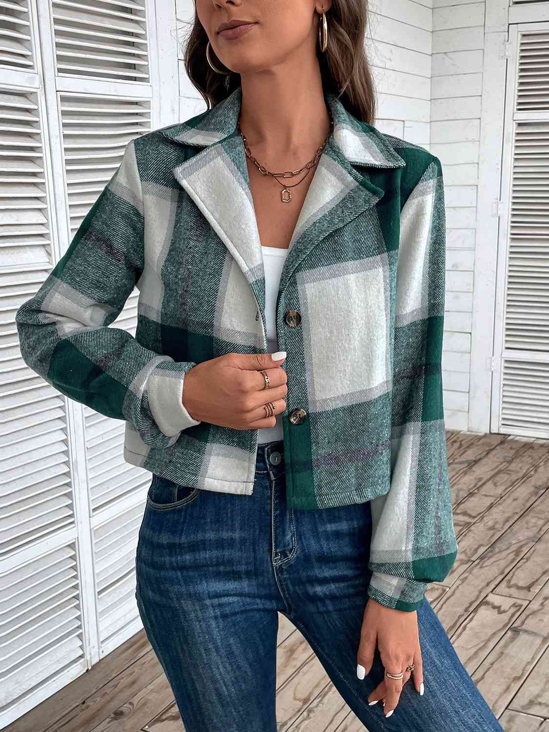 Green Plaid Collared Neck Button Up Long Sleeve Jacket