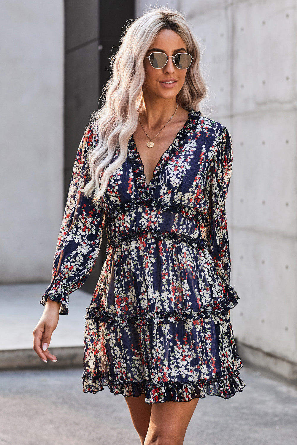 Women's Floral Frill Trim Plunge Flounce Sleeve Dress