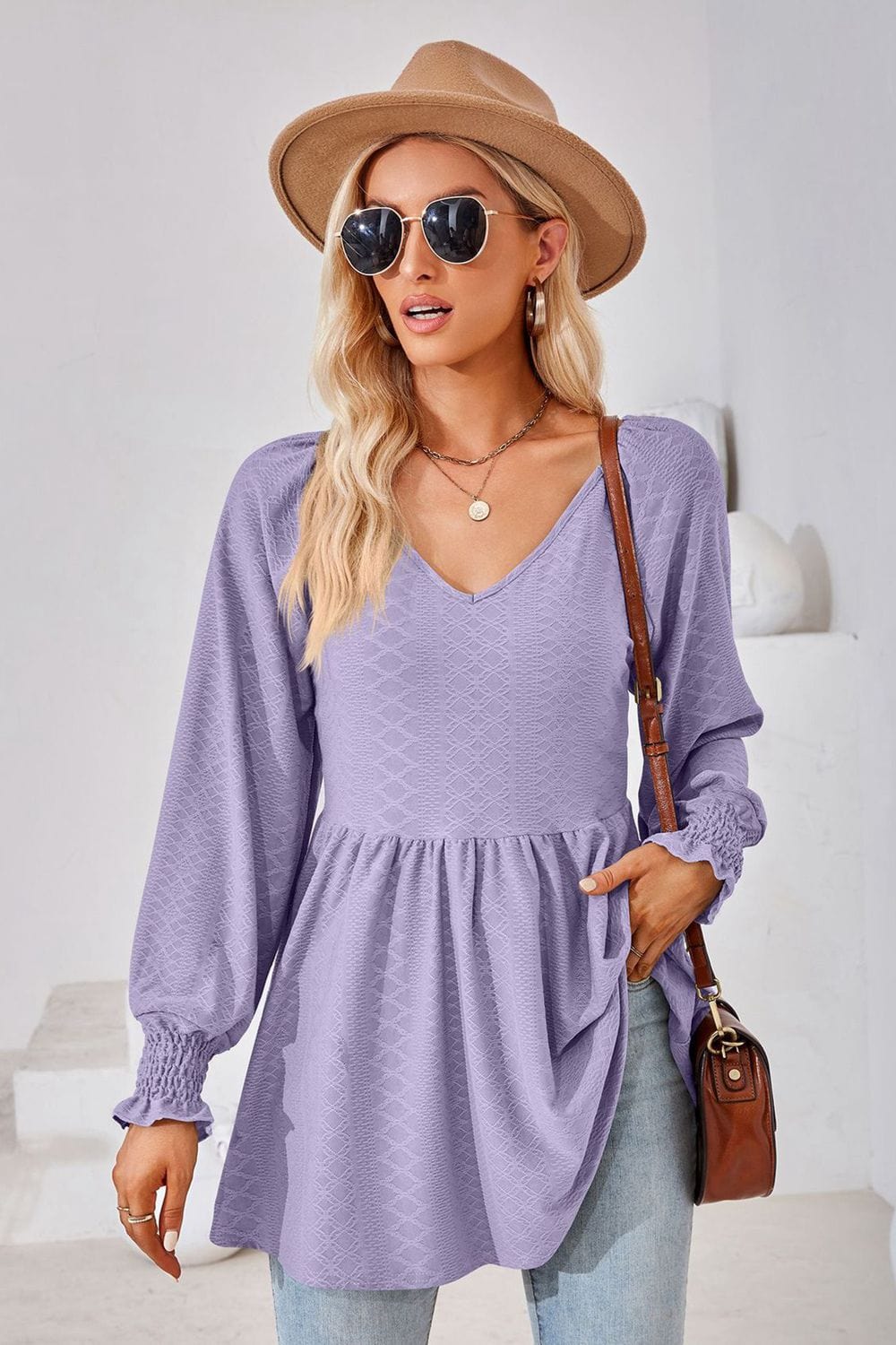 Full Size V-Neck Lantern Sleeve Blouse