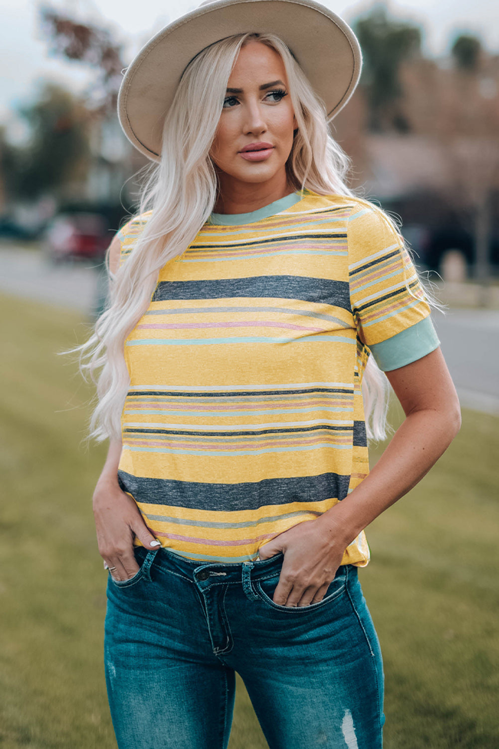 Women's Full Size Multicolored Striped Round Neck Tee Shirt