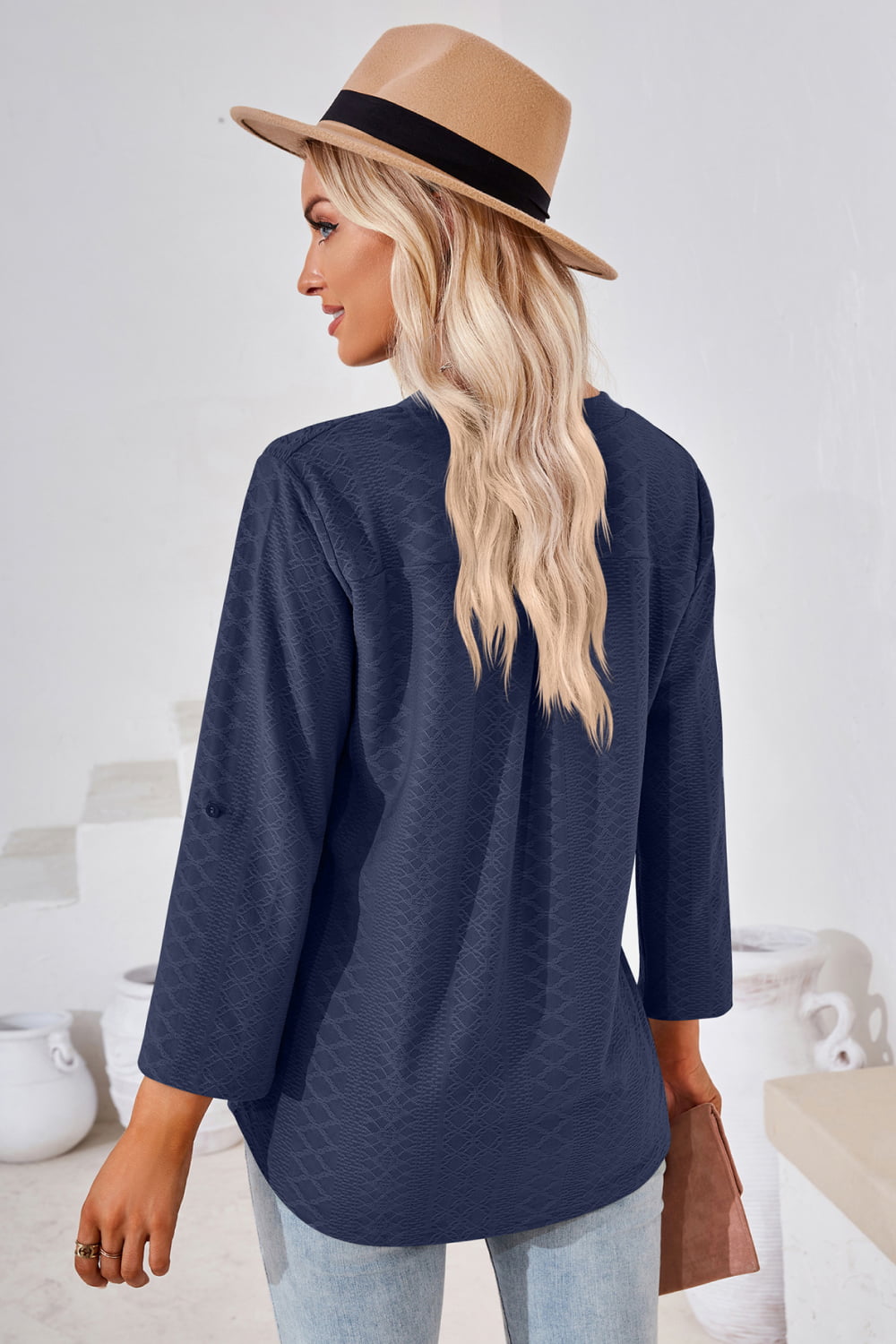 Full Size V-Neck Roll-Tap Sleeve Blouse