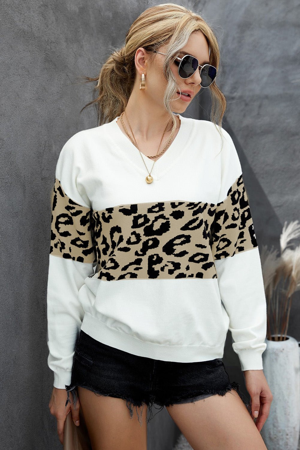 Chicie Leopard Drop Shoulder V-Neck Knit Top