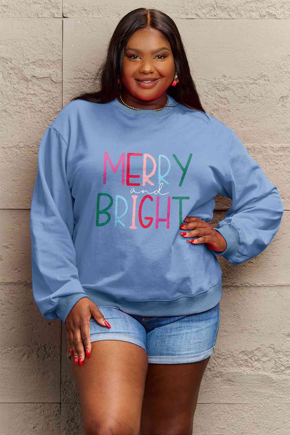 Simply Love Christmas Full Size MERRY AND BRIGHT Graphic Sweatshirt