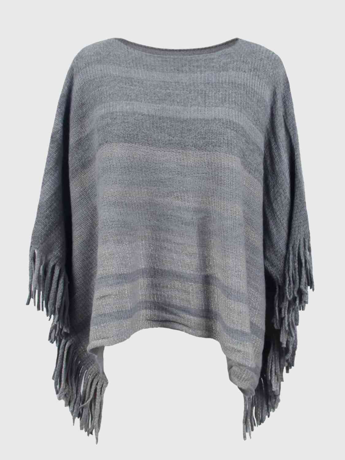 One Size Striped Boat Neck Poncho with Fringes