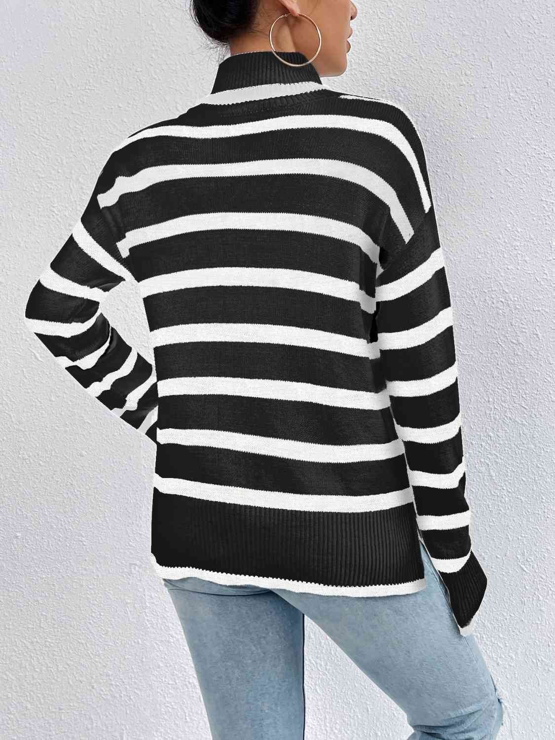 KnittedEmporium Full Size Striped Turtleneck Drop Shoulder Sweater