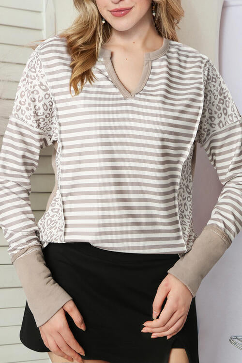 Pretty White Exposed Seam Striped Notched Blouse