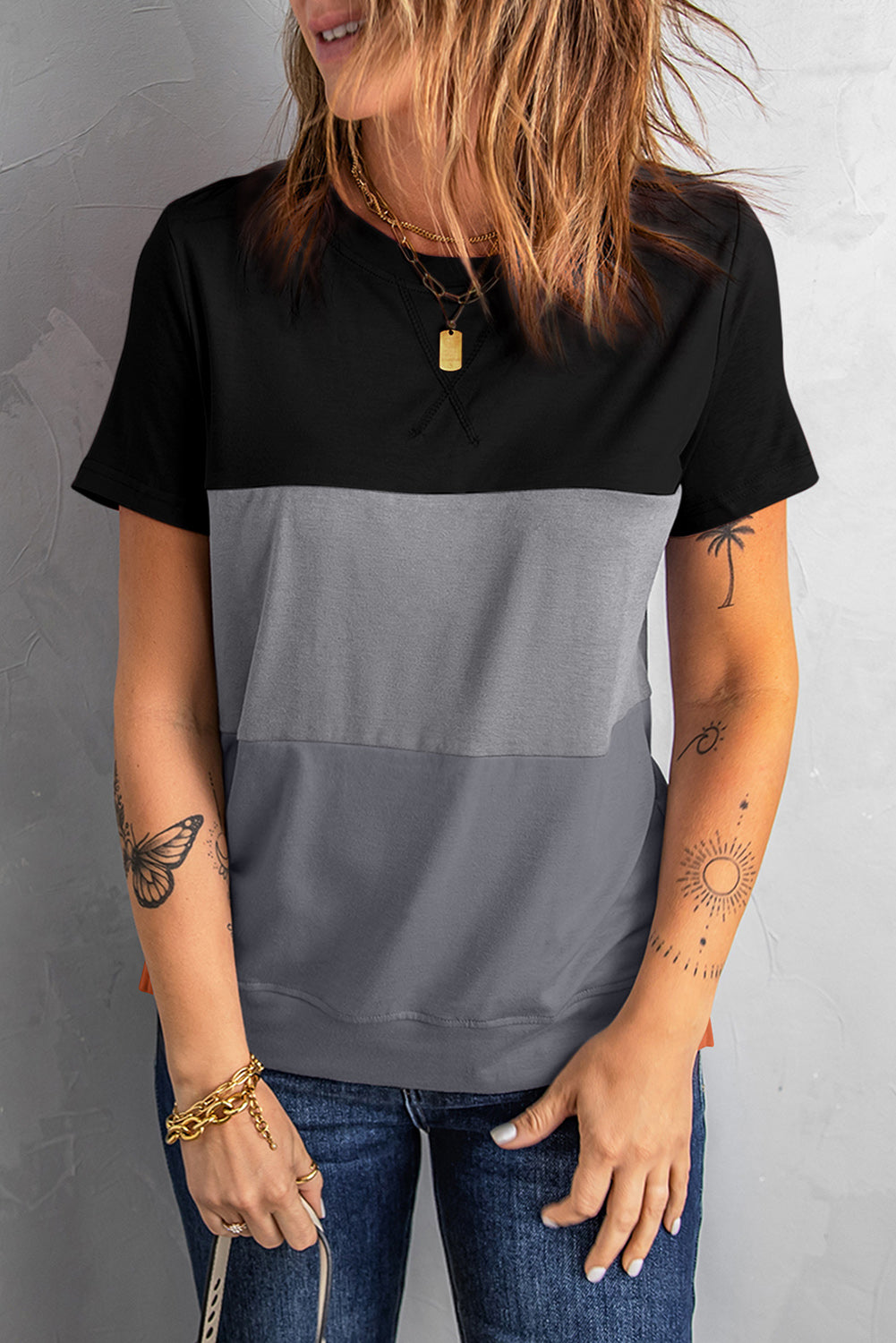 Women's Full Size Short Sleeve Color Block Side Slit Round Neck T-Shirt