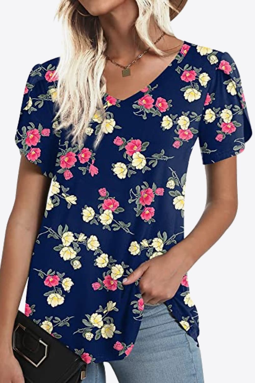 Full Size Printed Petal Sleeve V-Neck Blouse