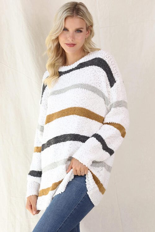 LoversLane Striped Round Neck White Long Sleeve Sweater