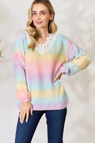 BiBi Rainbow Gradient Crochet Detail Pink Multi Sweater