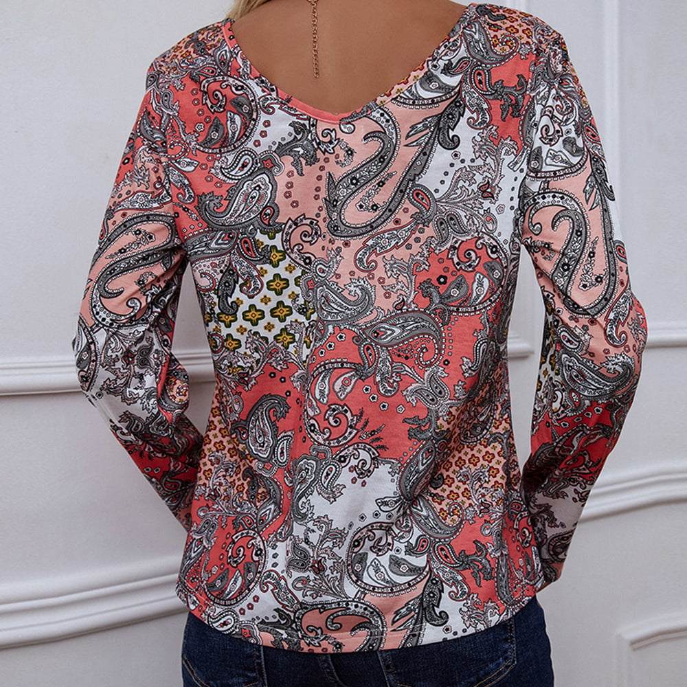 Full Size Printed V-Neck Long Sleeve Blouse