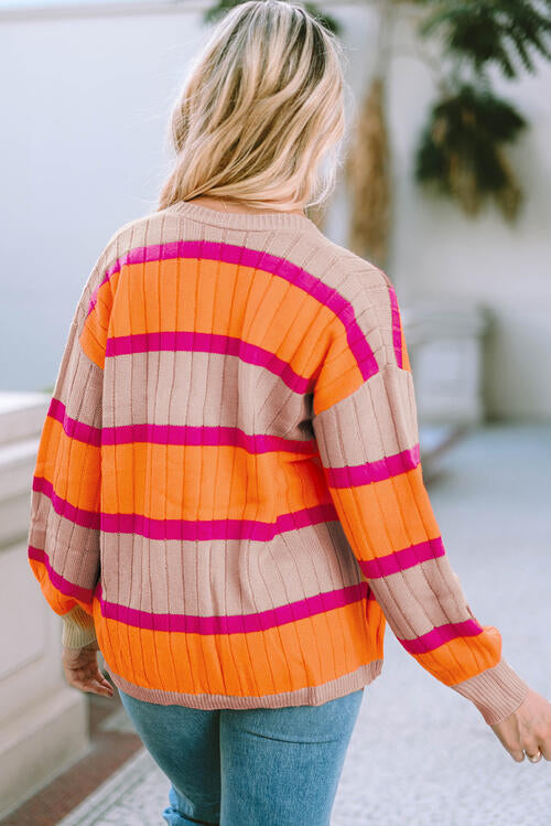 Charming Trends Ribbed Striped Open Front Long Sleeve Cardigan