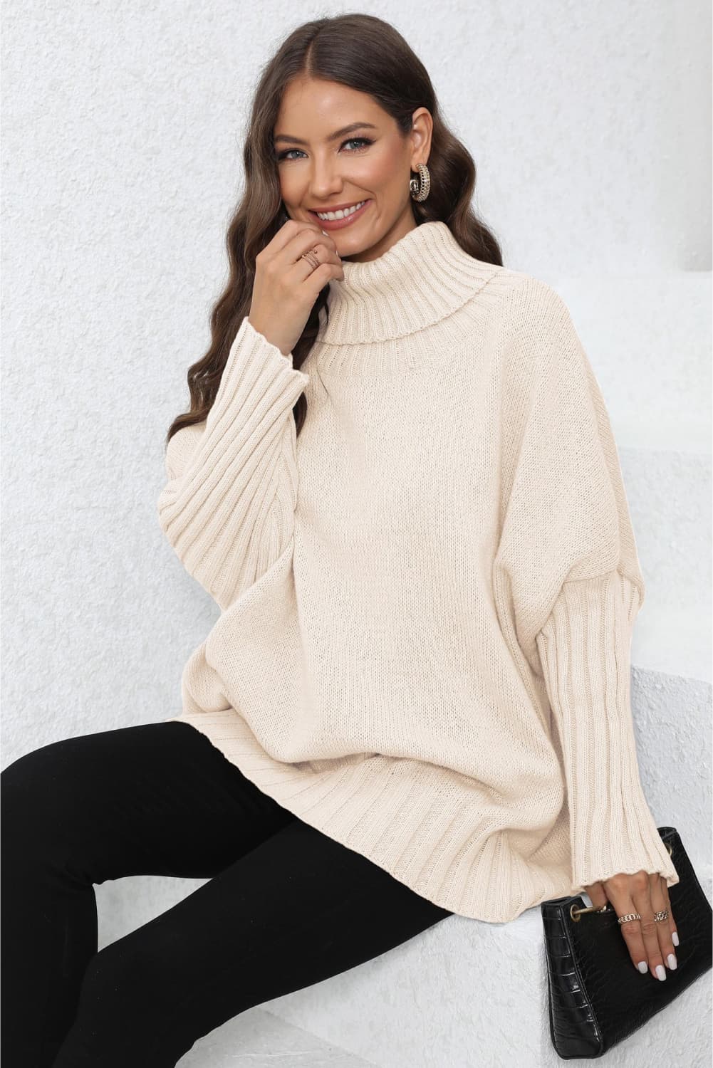 One Size Turtle Neck Long Sleeve Ribbed Sweater