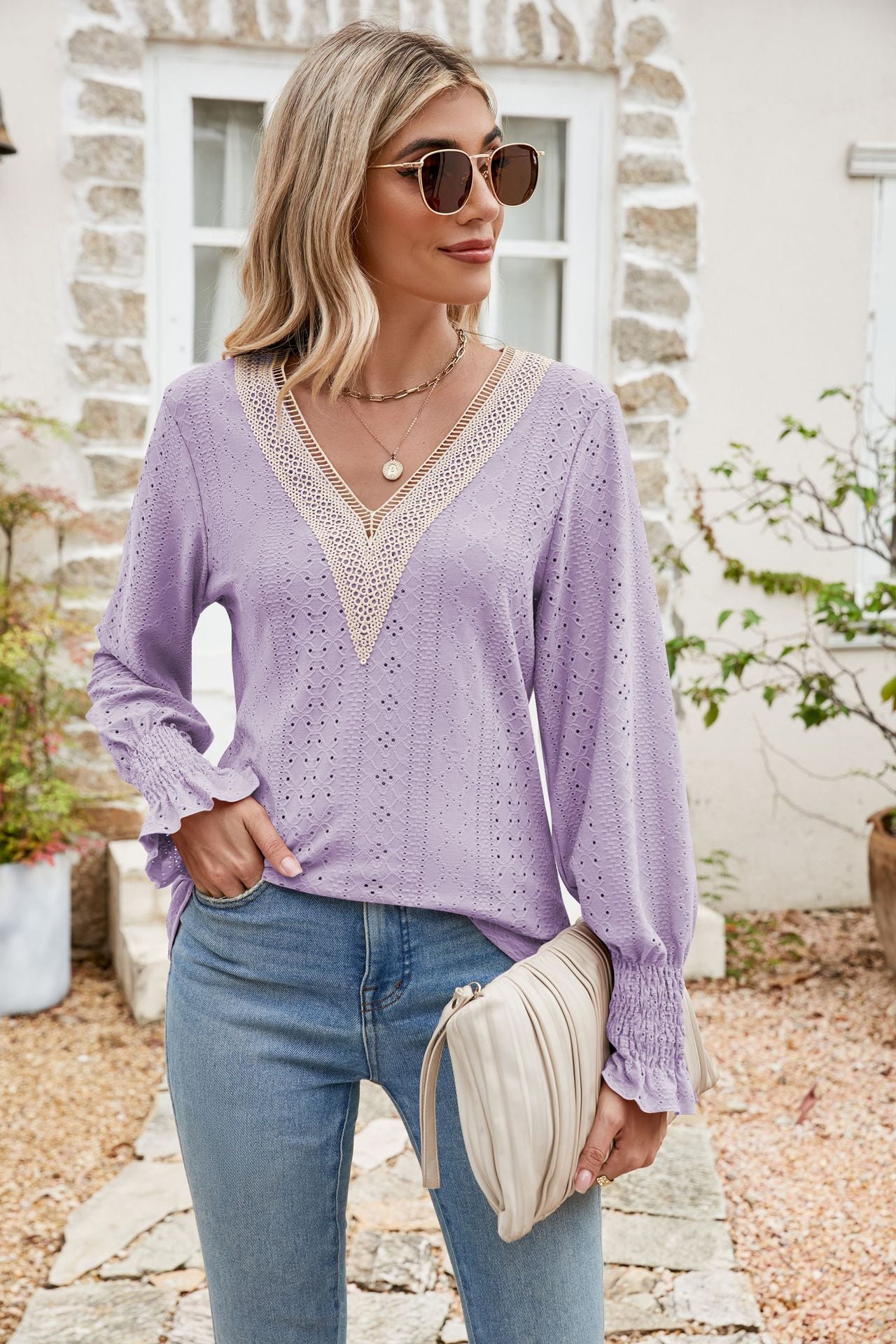 Pretty Purples Eyelet V-Neck Smocked Flounce Sleeve Blouse