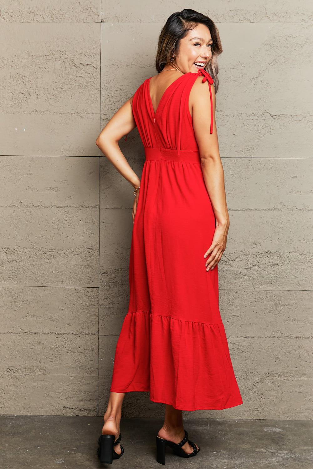 Red Drawstring V-Neck Sleeveless Dress