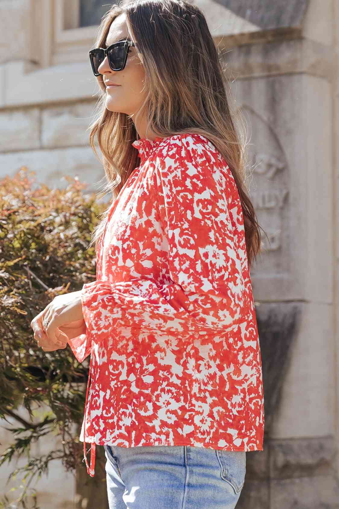 Deep Red Printed Tie Neck Flounce Sleeve Blouse