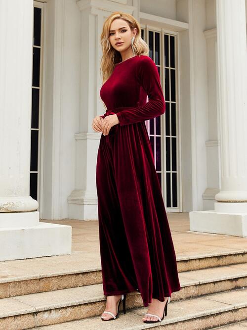 OhSoMaxi Tie Front Round Neck Long Sleeve Maxi Dress