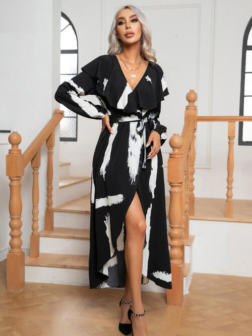 OhSoMidi Black Printed Tie Front Ruffle Trim Long Sleeve Dress