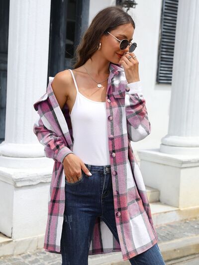 Penelope Plaid Belted Collared Neck Button Up Jacket