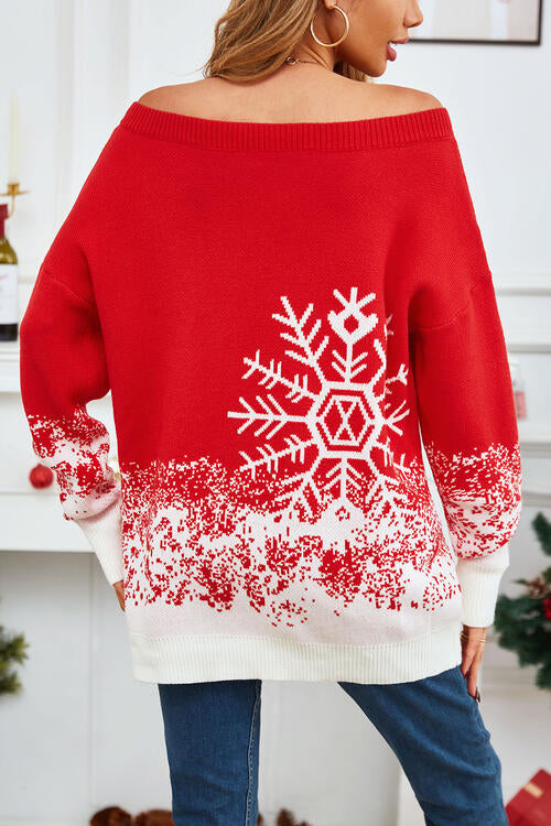 Christmas Themed Off-Shoulder Long Sleeve Sweater